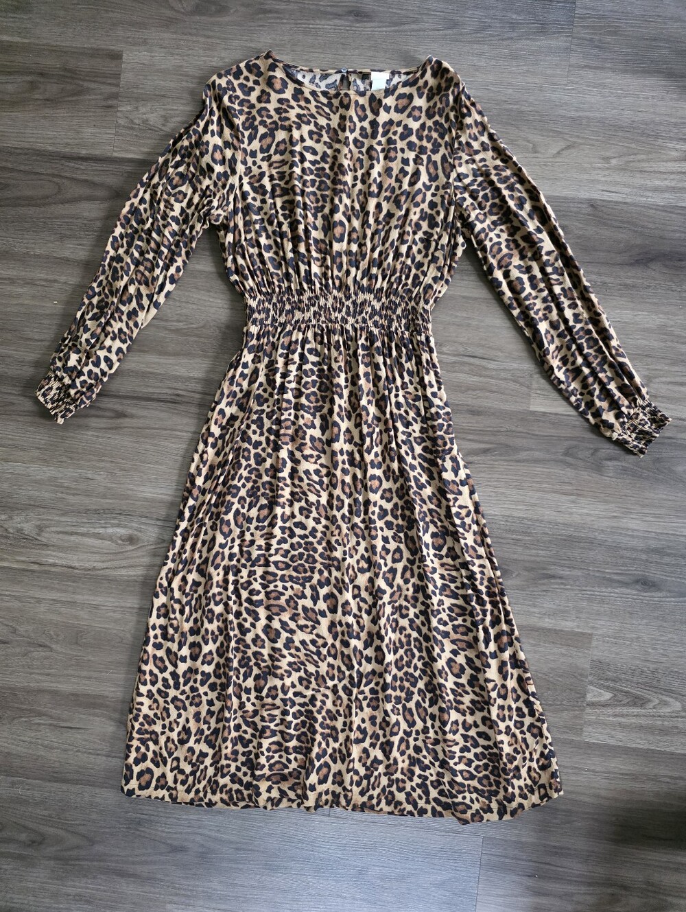 H&M Leopard Print Long Sleeve Midi Dress - Tan & Black Size 8